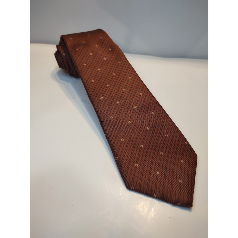 VTG Calvin Klein Italian Silk Tie Brown Striped Dotted Business Formal 57.5x3.25